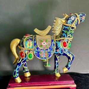 Vintage Cloisonné & Filigree Horse Figurine w Semi-Precious Stones on Wood Base